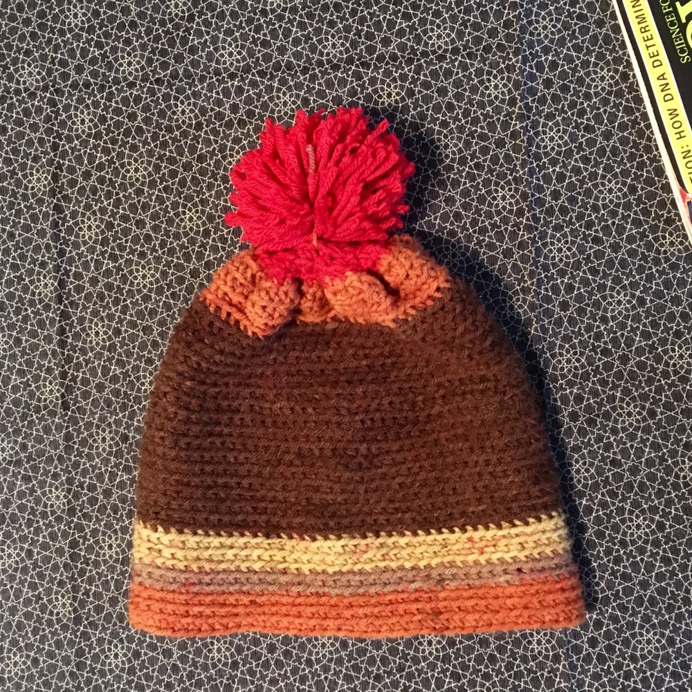 Hand knit beanie with red Pom Pom